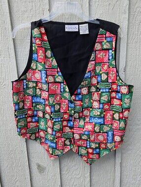 Basic Editions Holiday Gingerbread Christmas Patchwork Vest Large L